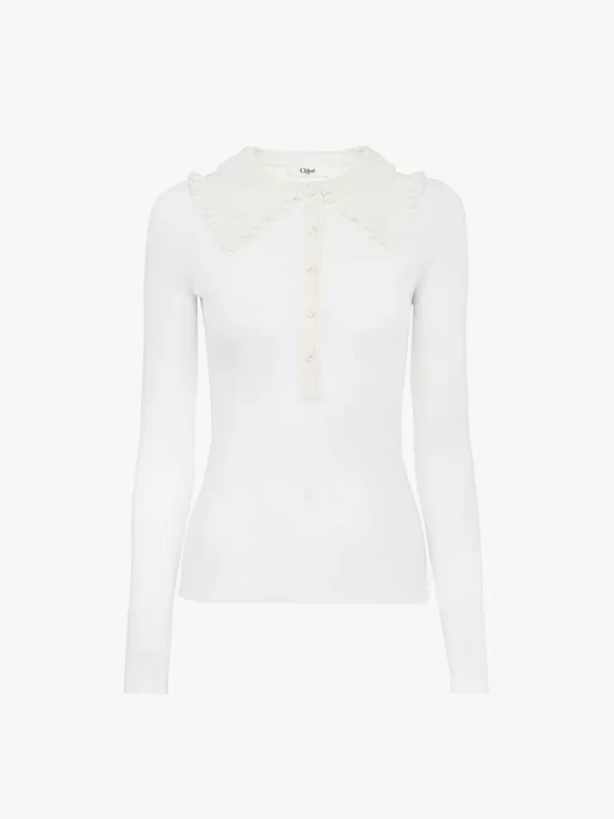 Henley-Shirt mit Kragen aus superfeinem Wollstrick und Spitze