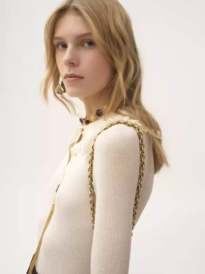 Henley-Shirt mit Kragen aus superfeinem Wollstrick und Spitze