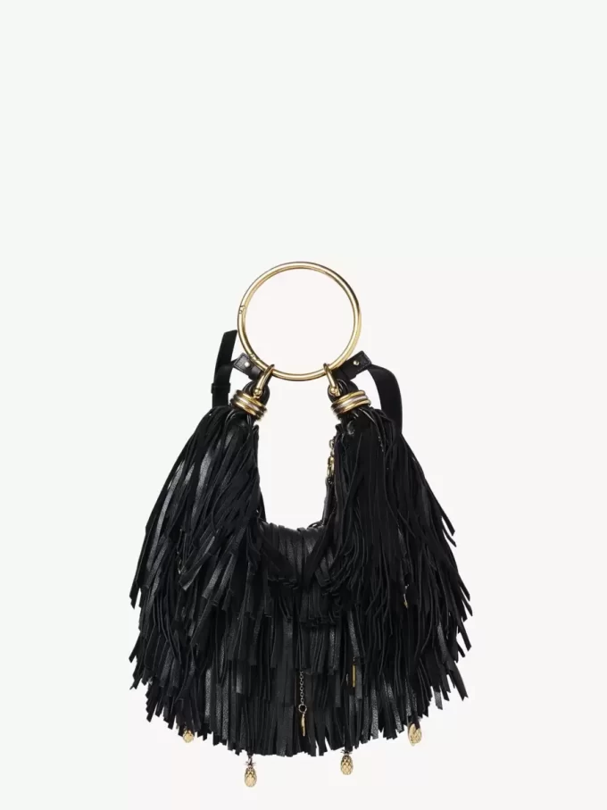 Kleine Hobo-Tasche mit Armband aus Leder mit Fransen