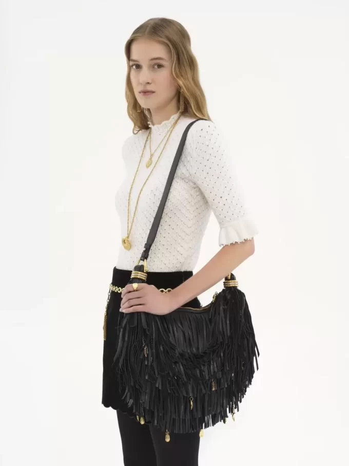 Kleine Hobo-Tasche mit Armband aus Leder mit Fransen
