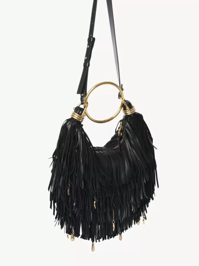 Kleine Hobo-Tasche mit Armband aus Leder mit Fransen