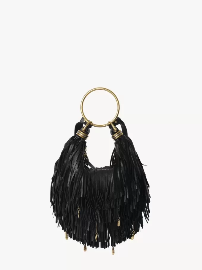 Kleine Hobo-Tasche mit Armband aus Leder mit Fransen