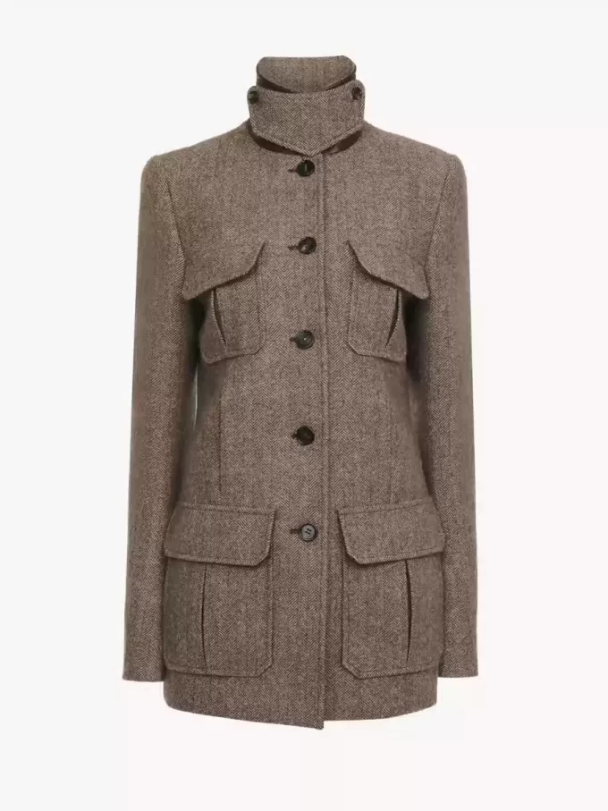 Lange Offiziersjacke aus Wolle mit Fischgrätmuster