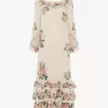 Langes Kleid mit eckigem Ausschnitt und Rüschen aus Crêpe de Chine