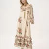 Langes Kleid mit eckigem Ausschnitt und Rüschen aus Crêpe de Chine