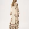 Langes Kleid mit eckigem Ausschnitt und Rüschen aus Crêpe de Chine