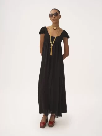 Langes Kleid mit Puffärmeln aus Plumetis-Seide