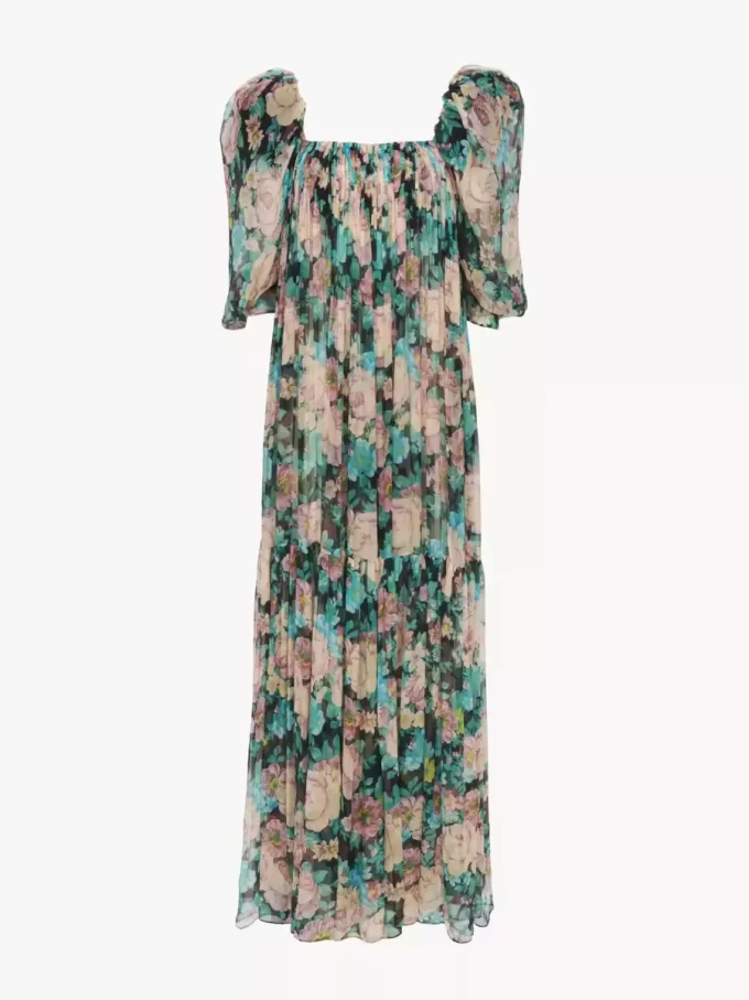 Langes Kleid mit Puffärmeln aus Seidenmousseline