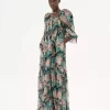 Langes Kleid mit Puffärmeln aus Seidenmousseline