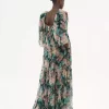 Langes Kleid mit Puffärmeln aus Seidenmousseline