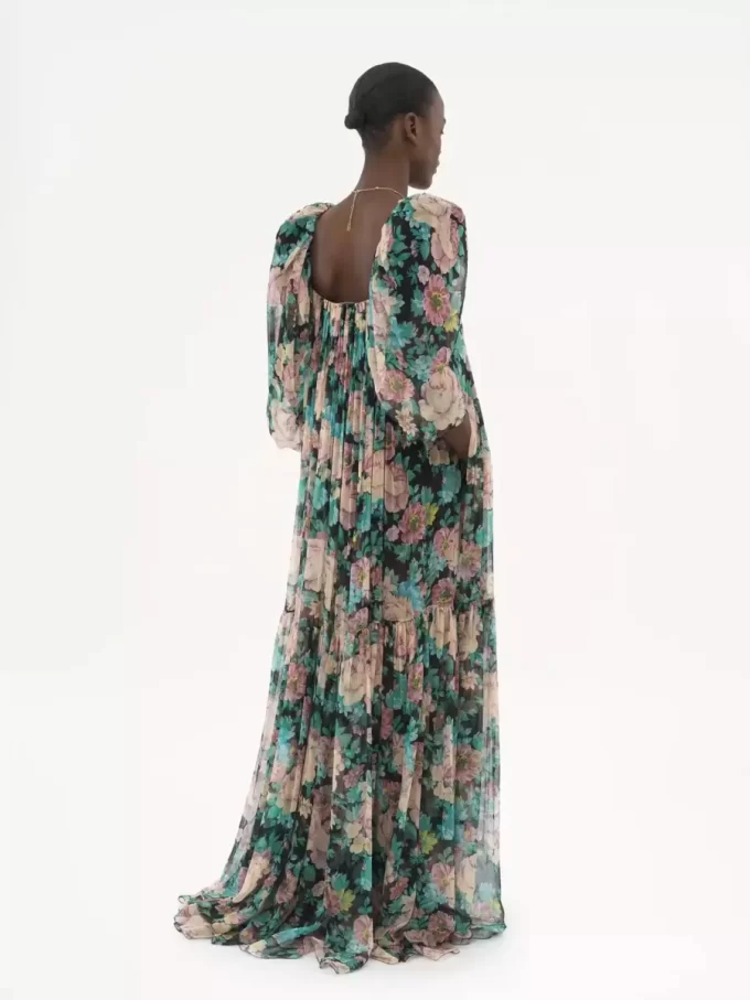 Langes Kleid mit Puffärmeln aus Seidenmousseline