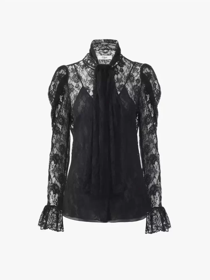 Lavallière-Top mit Puffärmeln aus floralem Spitzen-Jacquard Lavallière-Top mit Puffärmeln aus floralem Spitzen-Jacquard