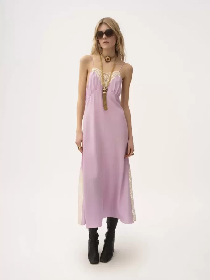 Midikleid mit dünnen Trägern aus Crêpe de Chine und Spitze