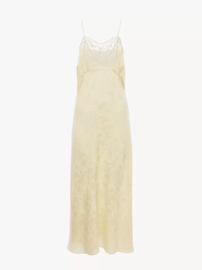 Midikleid mit dünnen Trägern aus Seidenjacquard und Spitze