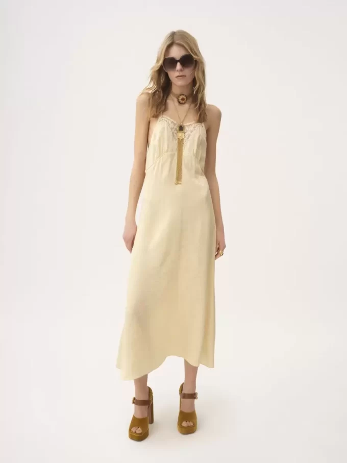 Midikleid mit dünnen Trägern aus Seidenjacquard und Spitze