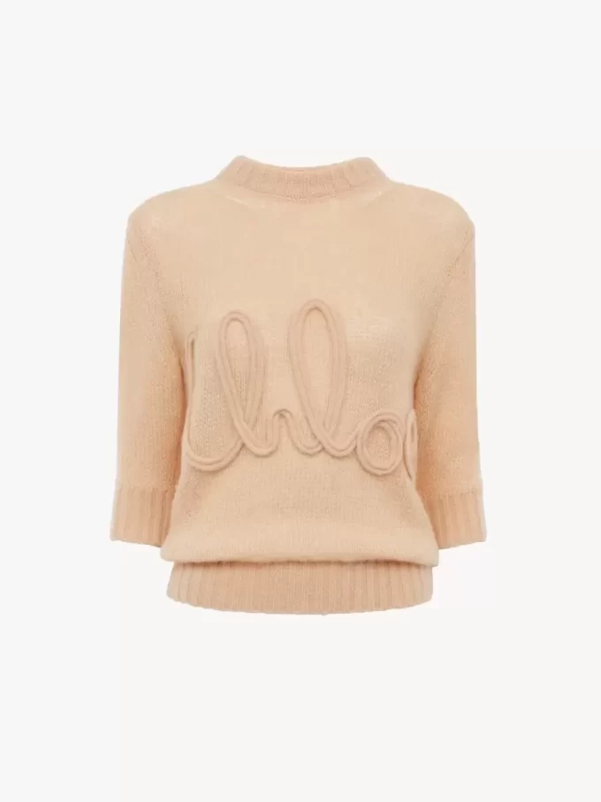 Pullover mit Logo und Ellenbogenärmeln aus Alpakawolle und Seidenstrick