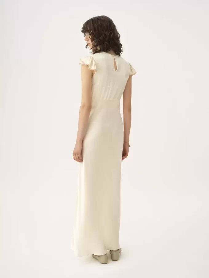 Säulenkleid mit Flügelärmeln aus gewaschenem Seidensatin und Spitze